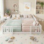 Lit enfant 180x200 cm avec barri�re de s�curit� et sommier � lattes, pin massif, lit au sol montessori, ...
