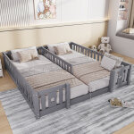 Lit enfant 90 / 180x200 cm montessori, lit barreaux en pin massif avec motif �toiles, barri�res de s�curit� ...