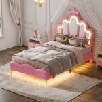 Lit enfant 90�200cm, t�te de lit r�glable, t�te de lit rembourr�e avec port usb, cadre de lit avec lumi�res ...