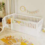 Lit enfant 90 x 200 cm - cadre de lit en bois - avec barri�res de s�curit� - avec porte - blanc (sommier ...