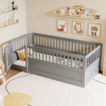 Lit enfant 90 x 200 cm - cadre de lit en bois - avec barri�res de s�curit� - avec porte - gris (sommier ...