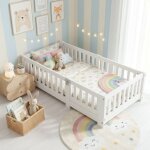 Lit enfant 90x190 avec barri�re anti - chute, lit simple au sol montessori en bois de pin, cadre de lit ...