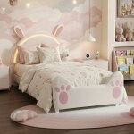 Lit enfant 90x200 cm, avec sommier � lattes, lit simple princesse t�te de lit lapin mignon et �clairage ...