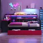 Lit enfant banquette 90x200 cm avec bureau, led, prises usb, rangements et 2 tiroirs, bois, noir / rouge ...