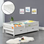 [en. casa] - lit enfant borgarnes avec barrire anti - chute et 2 tiroirs pin 90 x 200 cm blanc
