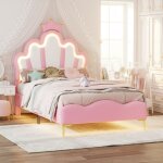 Lit enfant capitonn� 90 x 200 cm, lit simple, t�te de lit en forme de princesse couronne et avec barre ...