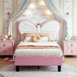 Lit enfant fille princesse 90x190 cm, lit simple capitonn� en similicuir avec t�te de lit papillon, led ...