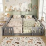 Lit enfant montessori 180x200 cm avec barri�re de s�curit�, lit au sol en pin massif, lit simple - gris ...