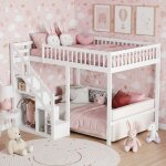 Lit enfant superpos� 90x200cm, lit mezzanine avec escalier, rangement & barri�re anti - chute, pour enfant ...