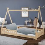 Ml - design - lit d'enfants tipi 90x200 cm naturel avec protection antichutes et sommier  lattes, bois ...