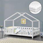 Lit cabane enfant treviolo 80x160 en bois de pin blanc avec barri�re de protection et matelas [en. casa] ...