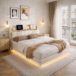Lit flottant 140x190 cm, lit double capitonn� avec sommier �clairage led et charge usb, pour adultes ...