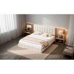 Lit flottant effet nuage 160x200 cm, tissu en lin beige respirant, t�te de lit design, avec t�l�commande ...