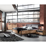 Pegane - lit futon adulte avec tte de lit rembourr et 2 chevets imitation chne poutre rechampis raw ...
