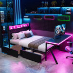 Lit gaming 140x200 cm ? m�tal, t�te de lit led, bureau led et 2 tiroirs ? noir