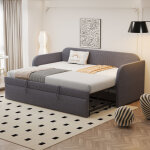 Lit gigogne 90 / 180x190cm - canap� - lit avec sommier � lattes - tissu en lin - gris