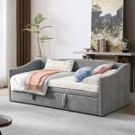 Lit gigogne 90 / 180x200cm ? canap� - lit capitonn� extensible ? sommier � lattes ? velours gris ? style ...