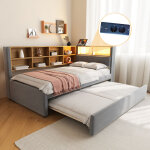 Lit gigogne 90�200 cm et 90�190 cm, lit simple avec led, usb, type c et rangements, sans matelas, gris ...