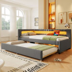 Lit gigogne, lit 90x200 cm, lit baquette 2 places avec led, tiroir , ports usb et type - c, gris lin, ...