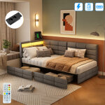 Lit gigogne 90x200 cm avec led, lit coffre avec 2 tiroirs de rangement et sommier � lattes, canap� - ...