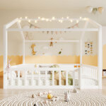 Lit jumeau 2x 90x190 cm ou 180x190 cm, avec barreaux, led int�gr�es, t�te de lit maison, style minimaliste, ...