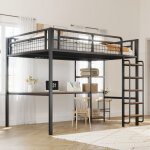 Lit mezzanine 140�200 cm, lit double avec �chelle, bureau et �tag�res, sans matelas, en m�tal, noir