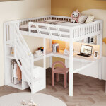 Lit mezzanine 140�200 cm, lit double avec escalier rangement, bureau, led r�glable et usb, sans matelas, ...