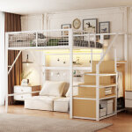 Lit mezzanine 140�200 cm, lit double avec escalier de rangement, led et armoire ouverte, sans matelas, ...