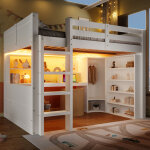 Lit mezzanine 140�200 cm, lit double avec led, armoire, bureau, 3 tiroirs et casiers, sans matelas, en ...