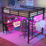 Lit mezzanine 140�200 cm, lit double avec led, bureau, prise, usb, 3 tiroirs, �tag�res et �chelle, sans ...