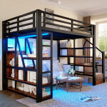 Lit mezzanine 140�200 cm, lit double avec led r�glable, �tag�res et marches de rangement, sans matelas, ...