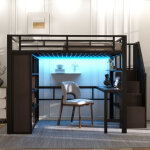 Lit mezzanine 140 x 200 cm avec bureau, �tag�re, �clairage led et rangement, cadre en m�tal et mdf, noir ...