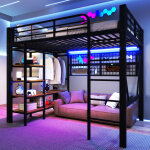 Lit mezzanine 140 x 200 cm, �clairage led, lit superpos�, lit enfant, structure en fer, avec compartiments ...