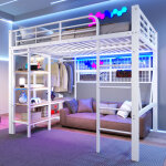 Lit mezzanine 140 x 200 cm, �clairage led, lit superpos�, lit enfant, structure en fer, avec compartiments ...