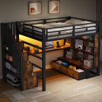Lit mezzanine 140x200 cm avec bureau �tag�res 2 tiroirs escalier rangement, solution gain de place chambre ...