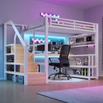 Lit mezzanine 140x200 cm avec bureau, �tag�res, rangements suspendus, �clairage led, escalier tiroirs, ...