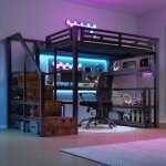 Lit mezzanine 140x200 cm avec bureau, �tag�res, rangements suspendus, �clairage led, escalier tiroirs, ...