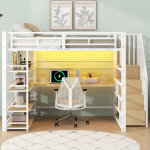 Lit mezzanine 140x200 cm avec escalier rangement, bureau int�gr�, �tag�res, led et usb, m�tal / mdf blanc ...