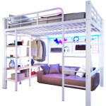 Lit mezzanine 140x200 cm m�tal blanc avec tablette, filet de rangement, barre penderie et bande led