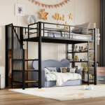 Lit mezzanine 140x200, avec escalier de s�curit�, espace de rangement et petite armoire, �tag�res, design ...