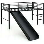 Lit mezzanine 198 x 96 cm en mtal avec 4 garde - corps de scurit, echelle  2 marches et toboggan ...