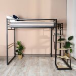 Lit mezzanine 2 places, sommier inclus - 140 x 200 cm, mtal noir et effet chne, style industriel (matelas ...