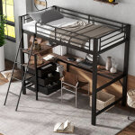 Lit mezzanine 90�200 cm, lit simple avec bureau 200 cm, 3 tiroirs et �tag�res, sans matelas, en m�tal ...