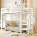 Lit mezzanine 90�200 cm, lit simple avec escalier, �tag�res de rangement et armoire, sans matelas, en ...