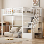 Lit mezzanine 90�200 cm, lit simple avec escalier de rangement et espace sous lit, sans matelas, en bois, ...