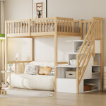 Lit mezzanine 90�200 cm, lit simple avec escalier de rangement et espace sous lit, sans matelas, bois ...