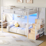 Lit mezzanine 90�200 cm, lit simple avec led r�glable, escalier avec rangement et espace libre, sans ...