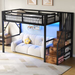 Lit mezzanine 90�200 cm, lit simple avec led r�glable, escalier avec rangement et espace libre, sans ...