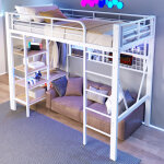 Lit mezzanine 90 x 200 cm, �clairage led, lit superpos�, lit enfant, structure en fer, avec compartiments ...