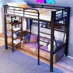 Lit mezzanine 90 x 200 cm, �clairage led, lit superpos�, lit enfant, structure en fer, avec compartiments ...